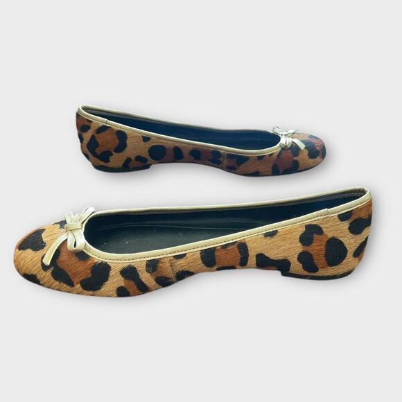 Chic Leopard Leather Print Ballet Flats 6 Calf Hair Slip-On with Bow Holiday - Picture 5 of 7